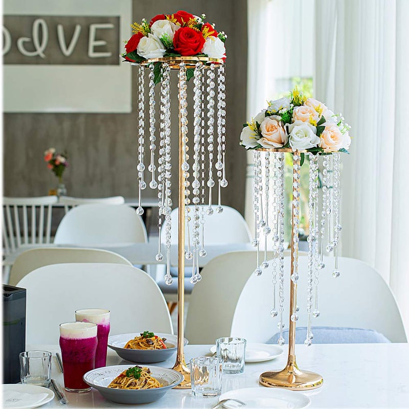 LANLONG 21.6in Gold Wedding Centerpieces for Table, 2Pcs Tall Vases Wedding Centerpieces with Sparkling Crystal Beads, Metal Flower Stand for Wedding Reception Party Events Home Decor - Image 3